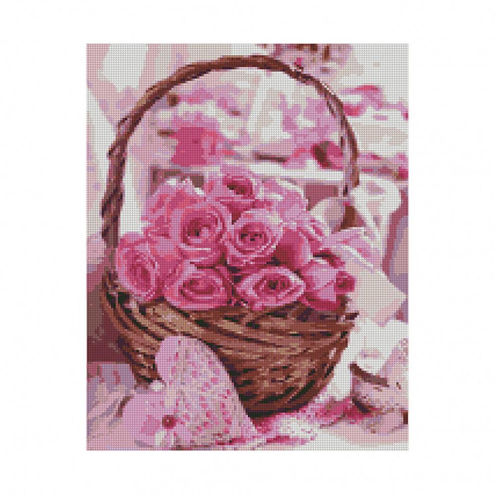 Алмазна мозаїка. Strateg FA40799 Кошик з рожевими трояндами 40х50 см