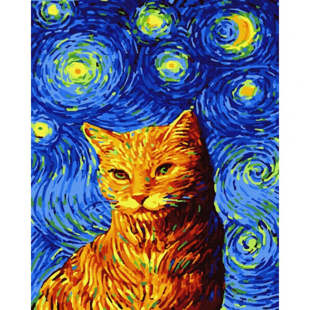 Картина за номерами. Brushme Кіт у зіркову ніч GX35619