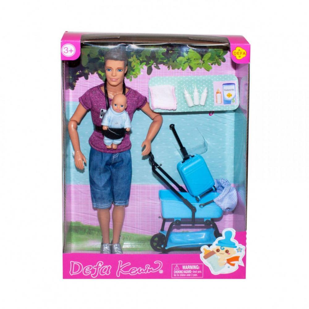 Кукла типа Кен с ребенком DEFA 8369 коляска и др. аксессуары Фиолетовый
