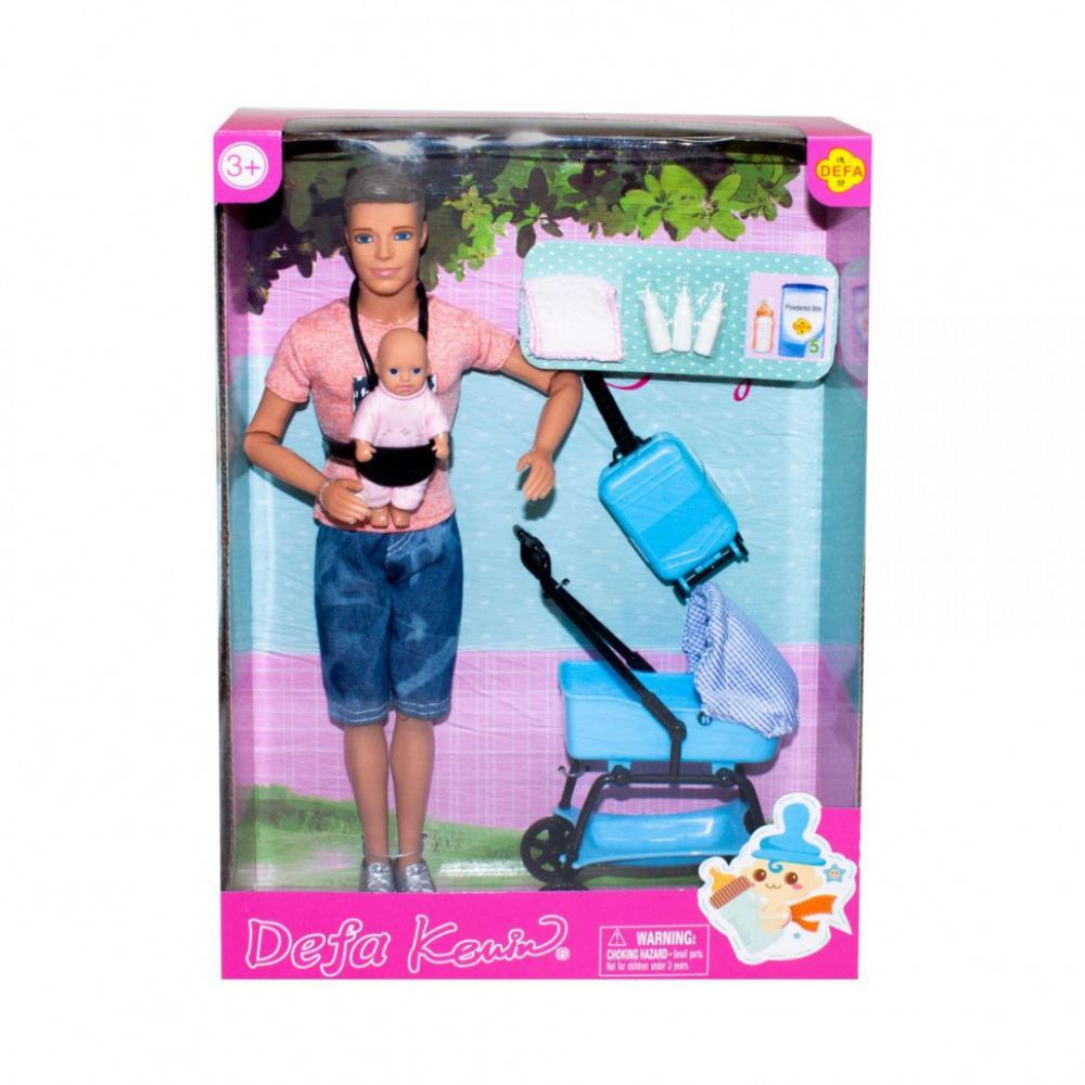 Кукла типа Кен с ребенком DEFA 8369 коляска и др. аксессуары Розовый