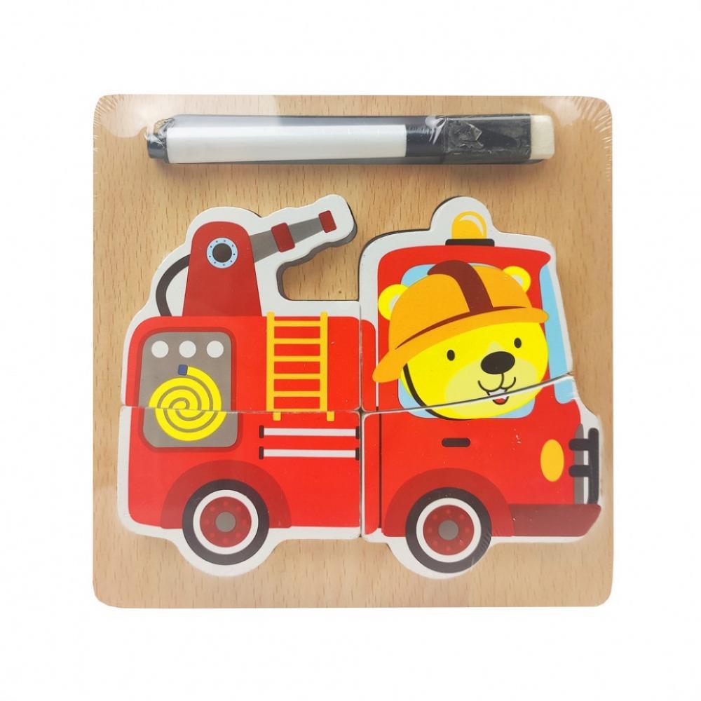 Деревянная игрушка Пазлы MD 2525 маркер, досточка для рисования Пожарная машина
