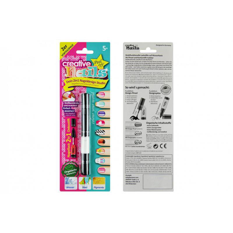 Лак-карандаш для ногтей детский Creative Nails на водной основе 2 цвета чёрний + белый
